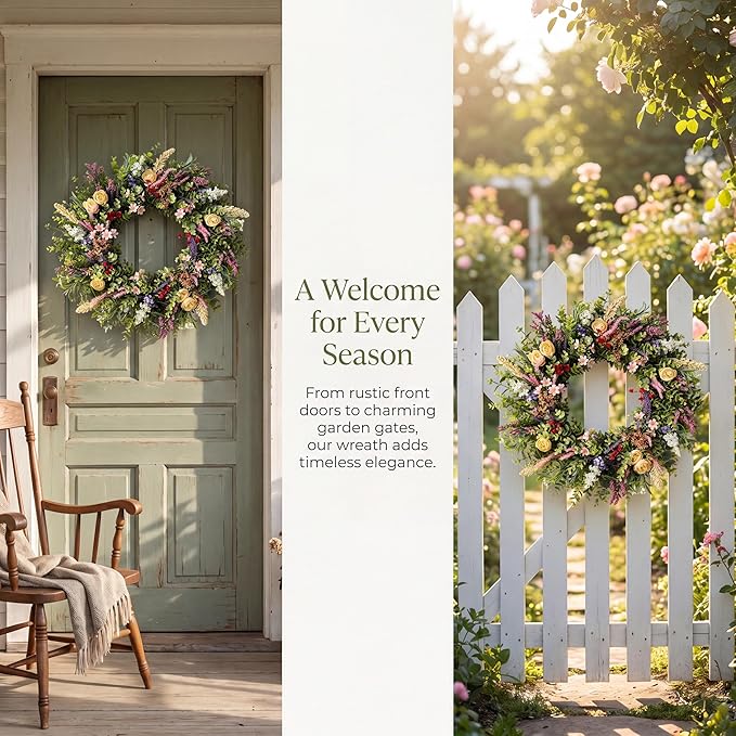 Lush Eucalyptus Wreath for Front Door - 24" Colorful Floral Wreath with 10+ Mixed Foliage & Blooms - All-Season Farmhouse Outdoor Wreath for Spring Summer Porch Wall Decor