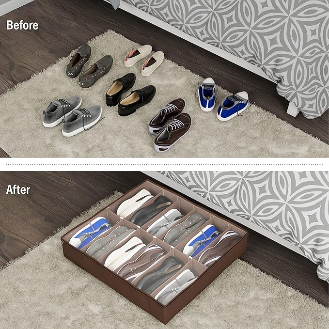 Everyday Home Under Bed Storage Shoe Organizer Bag with Clear Plastic Zippered Cover, Stores 12 Pairs of Shoes (Brown) (Pack of 2)