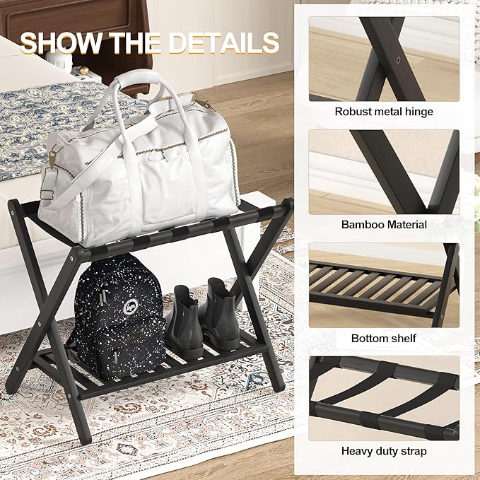 Luggage Racks Set Of 2 Suitcase Stand Foldable With Storage Shelf For Guest Room Hotel Essentials Solid Bamboo Heavy-Duty Item Holder Black