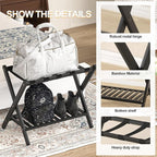 Luggage Racks Set Of 2 Suitcase Stand Foldable With Storage Shelf For Guest Room Hotel Essentials Solid Bamboo Heavy-Duty Item Holder Black