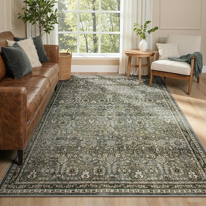 Lahome 5x7 Boho Bedroom Area Rug,Soft Vintage Washable Rugs for Living Room,Non Shedding Disdressed Floor Carpets for Home Decor Dining Room,Dark Olive Green