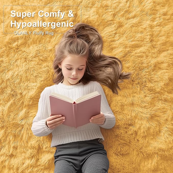 OLANLY 2x4 Machine Washable Runner Rugs for Hallway, Soft Fluffy Shaggy Bedside Rugs for Bedroom, Living Room, Indoor Floor Carpet for Kids Girls and Boys, Home Decor Aesthetic, Mustard Yellow