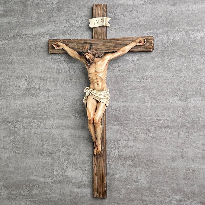 BC Catholic Crucifix Wall Cross, 20.75"H Large Jesus Christ Inspirtional Home Décor, Devout Gift, Renaissance Sculpture Handmade by Buildclassic