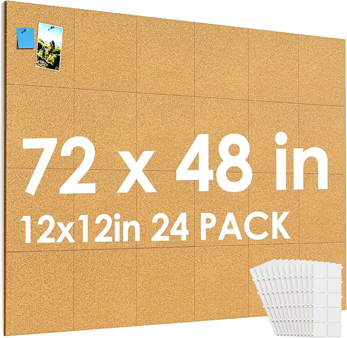 MaxGear 72" x 48" Large Cork Board for Wall, 24 Pack Cork Board Tiles with 40 Pushpins & Safe Removable Adhesive Tabs, 12" x 12" Corkboards for Office, School, Home