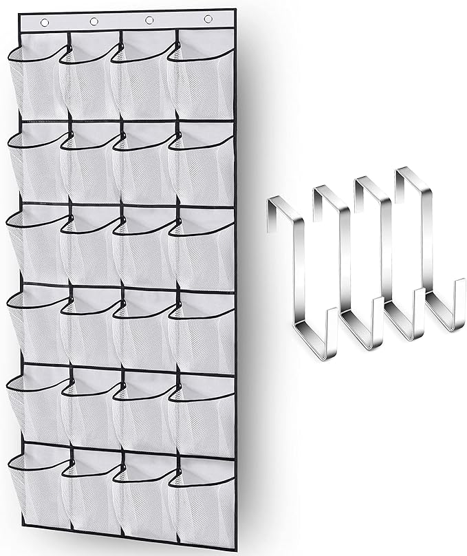 MISSLO Over The Door Shoe Organizer 24 Large Mesh Pockets, White