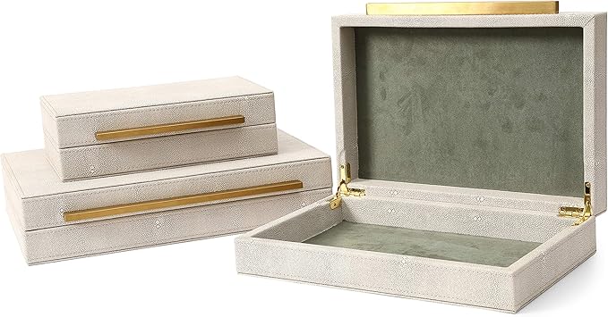 BAALTTO RUNYAO Kingflux Faux Ivory Shagreen Leather Set of 3 Pcs Decorative Boxes, Storage Boxes Jewelry Organizer, Men's Accessory Organizer (Ivory)