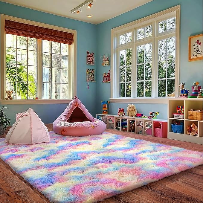 Rainbow Rug for Living Room, 8x10 Area Rug for Cute Girls Room, Bedside Indoor Floor Fluffy Shag Carpet, Plush Soft Rug for Bedroom Nursery Dorm Home Decor