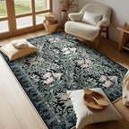 Washable Area Rugs 4x6 Black Green Vintage Floral Botanical Pattern,Perfect for Living Room, Bedroom, Kids Room, Nursery - Stain & Water Resistant Non-Slip, Pet & Child Friendly/Bedroom Decor