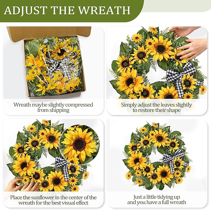 24 Inch Large Sunflower Spring Summer Wreath for Front Door, All Season Wreath with Bow Wreaths for Unique Housewarming Gift, Porch Wall Farmhouse Home Wedding Holiday Decor