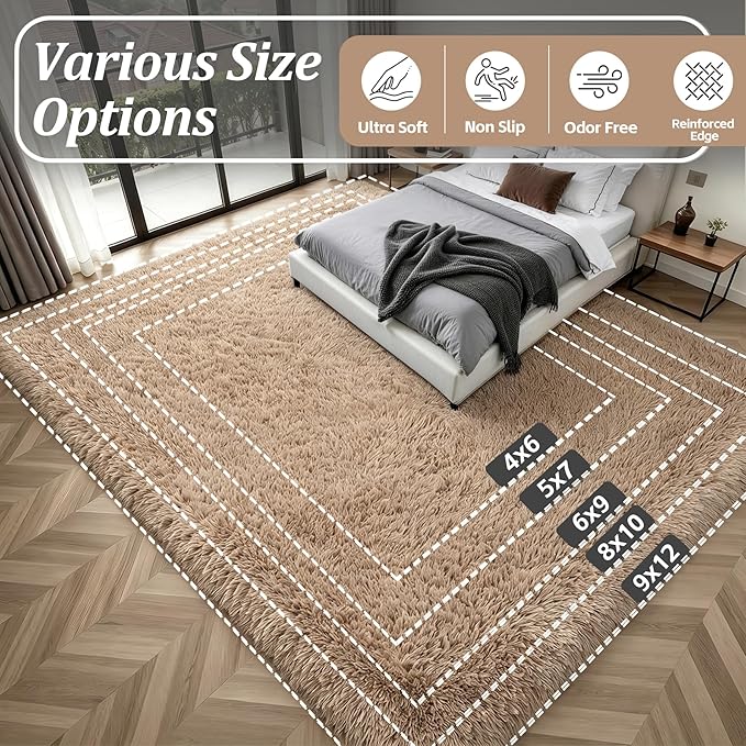 Fluffy 4x6 Area Rugs for Living Room Bedroom: Ultra Soft Shag Rug Non-Slip Non-Shedding Small Plush Bedside Rug Indoor Floor Carpets for Kids Room Playroom Entryway Nursery Dorms Home Decor Beige