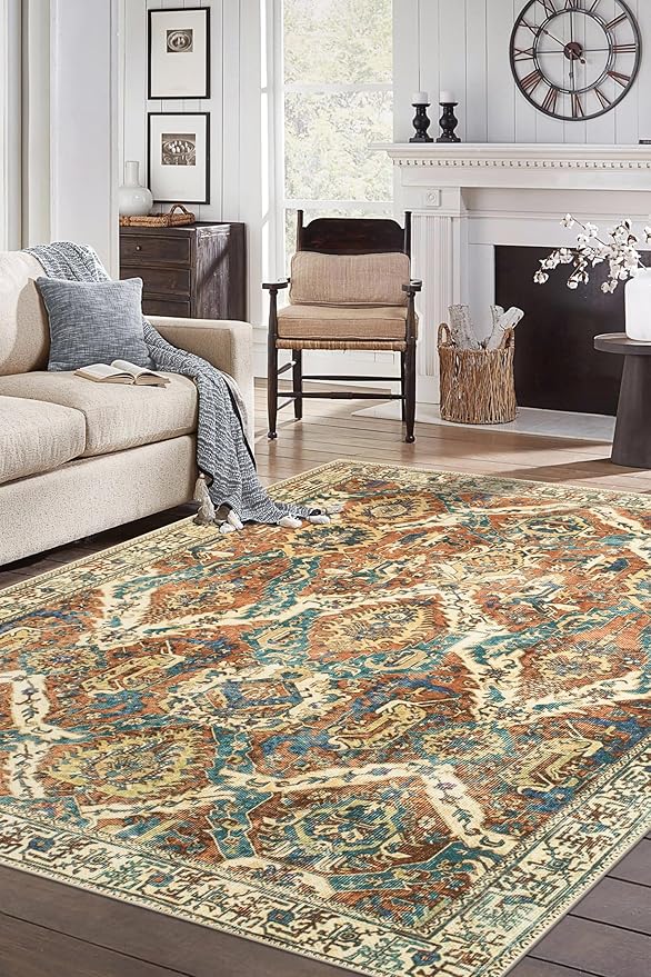 Keen Home Design 5x7 Rug - Machine Washable Area Rug with Non-Slip Backing, Ideal for Living Room, Dining Room, Bedroom - Vintage, Easy Clean, Durable, Low Pile Rug - (5' x 7')