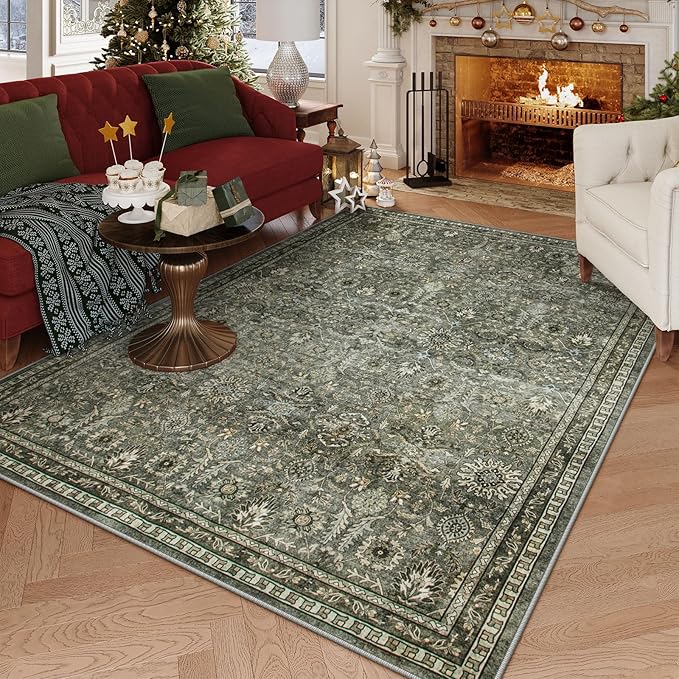 Lahome Sage Green Area Rug 6x9, Machine Washable Rugs for Living Room, Boho Vintage Soft Bedroom Carpet for Dining Room Nursery Apartment Office, Dark Green