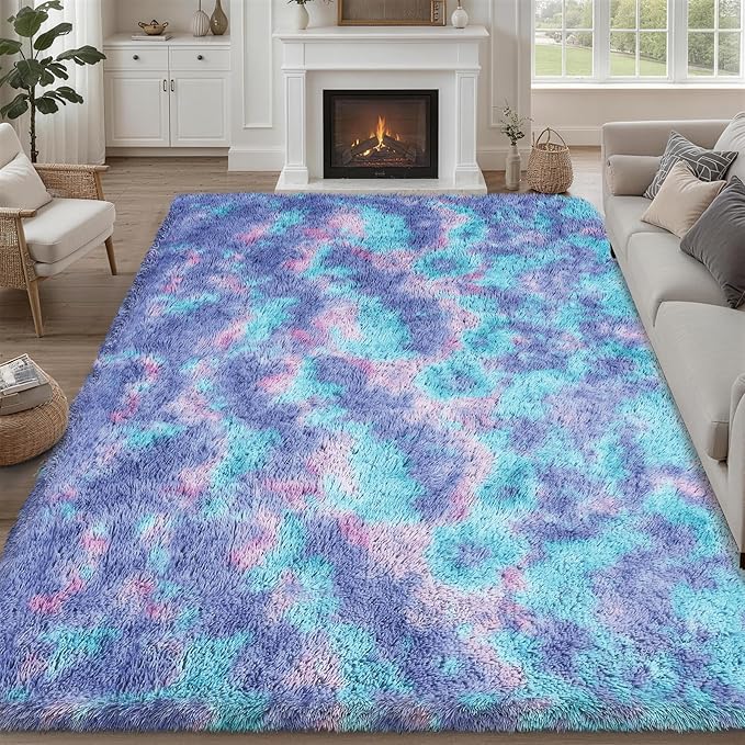 8x10 Area Rugs for Living Room Bedroom: Ultra Soft Fluffy Shag Rug Upgrade Non-Slip Non-Shedding Large Fuzzy Plush Carpet Indoor Floor Carpets for Kids Room Playroom Nursery Dorms Home Rainbow Purple