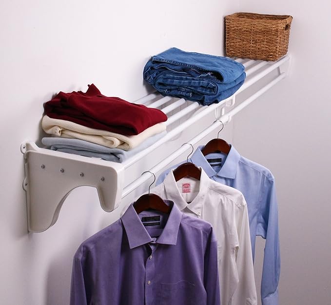 EZ Shelf - Expandable Closet Shelf with Hanging Rod - 41.5" to 74" Closet Shelves Expand - 200 lb Capacity, White - Quick Install Wire Closet Shelving Alternative - Between 1 Side Wall and Back Wall