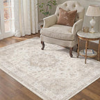 Beige Area Rug 4x6 Washable Vintage Carpet for Office Living Room Soft Retro Low Pile Thin Indoor Rug Non Slip Oriental Medallion Floor Cover for Bedroom Kitchen Dining Room
