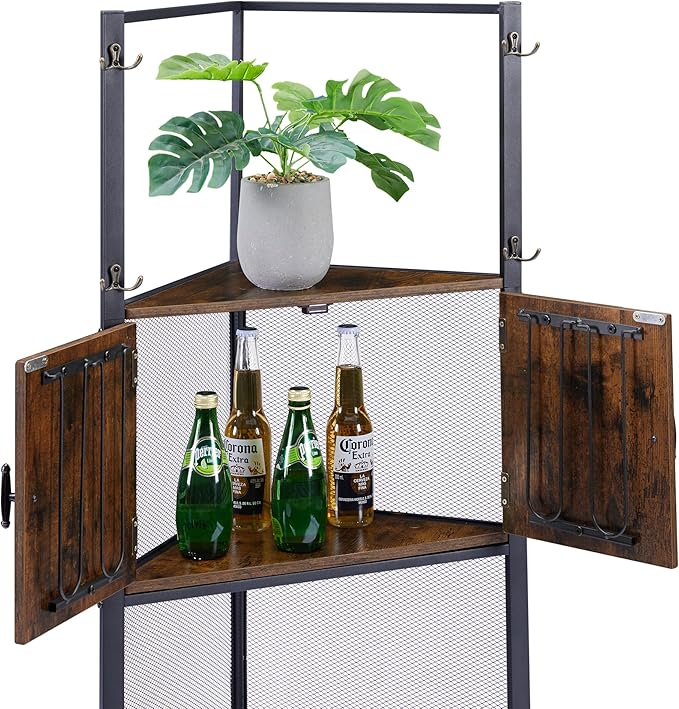 VECELO 4 Tier Corner Cabinet, 59" Tall Standing Organizer with 4 Dual-Hooks, Storage Rack, Narrow Bookshelf Display Shelves Rack for Wall Corner, Living Room, Kitchen, Bedroom, Office, Retro Brown
