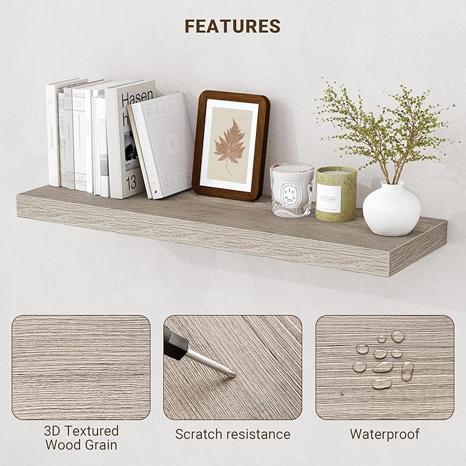 Acovy 16 Inch Floating Shelves, 3D Textured Wood Grain, 16"x9.25"x1.5" Inch Deep Floating Shelves for Wall, Wooden Shelves for Bathroom, Bedroom, Living Room, Vintage Gray Oak, 2 Pieces