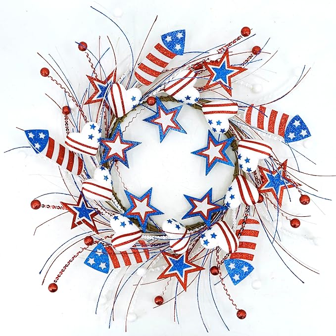 AMF0RESJ 4th of July Wreath Patriotic Wreaths for Front Door with red,White,Blue Glitter Star for Front Door Farmhouse Home Wall Independence Day Decoration