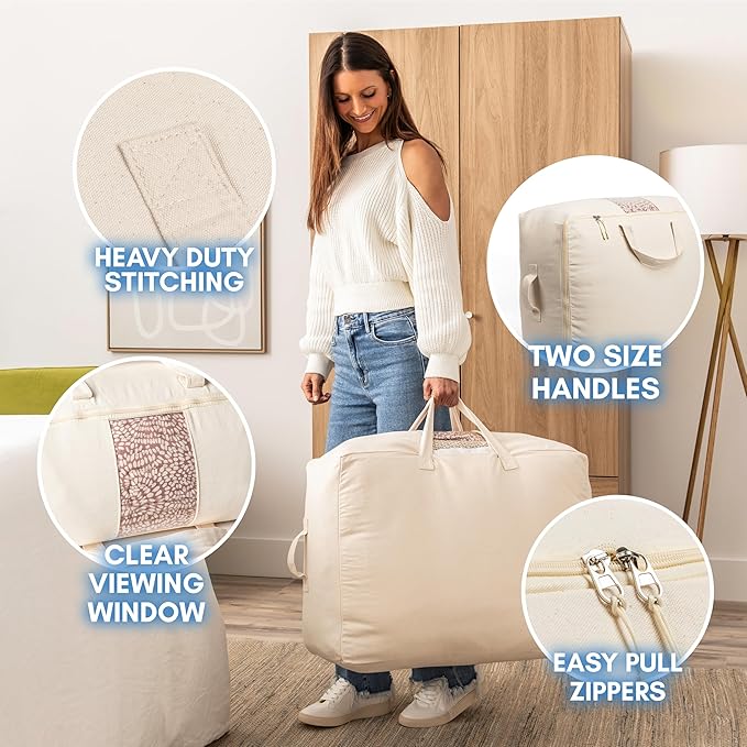 Soft Canvas Storage Bags with Zipper. Thick Breathable, 2pc King/Queen Comforter Organizer. Four Carrying Handles and Window. Large 25x19x9in Bag for Sheets Blankets Bedding Pillows, Clothes (Black)