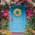20 Inch Spring Wreaths for Front Door, Artificial Pink Gerbera Daisy & Yellow Rose Floral Wreath with Lamb's Ear Leaves & Greenery, Farmhouse Summer Wreath for Wall Window Porch Home Decor
