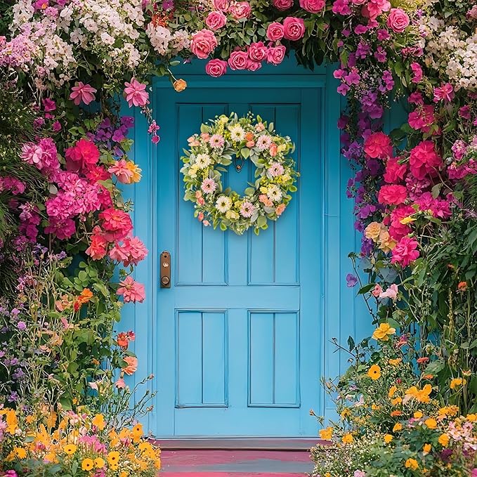20 Inch Spring Wreaths for Front Door, Artificial Pink Gerbera Daisy & Yellow Rose Floral Wreath with Lamb's Ear Leaves & Greenery, Farmhouse Summer Wreath for Wall Window Porch Home Decor