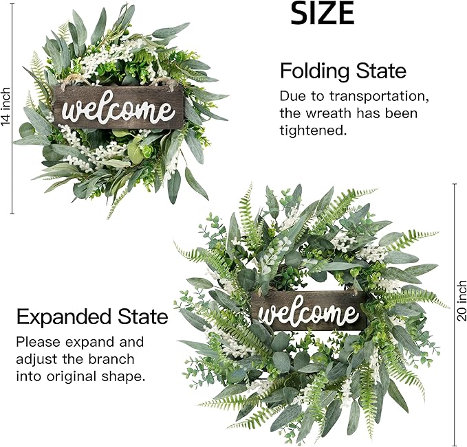 Sggvecsy Green Artificial Eucalyptus Wreath with Welcome Sign 20in Mixed White Berries Spring Summer Wreath for Front Door Wall Window Farmhouse Festival Porch Patio Garden Decor