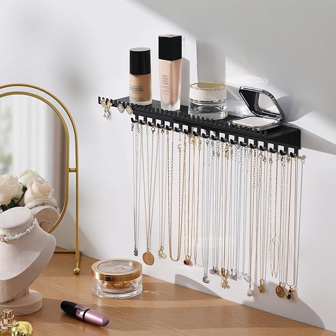 Necklace Holder Wall Hanging Organizer: Wall Mounted Jewelry Shelf with 56 Hooks and Tray, Display Hanger for Kids, Girls and Women, Black & Metal