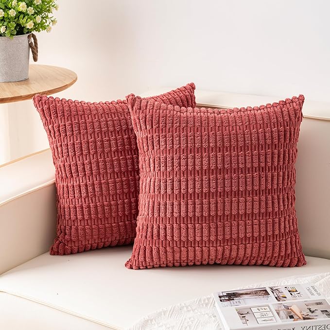Aegero Pack of 2 Corduroy Decorative Throw Pillow Covers 20x20 InchSoft Boho Striped Pillow Covers Modern Farmhouse Home Decor for Sofa Living Room Couch Bed（Cranberry Red）
