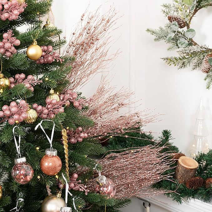 SLK 16-Pack Artificial Glitter Berry Stem Ornaments, Christmas Decorative Glittery Twigs, Picks, Branches for Tree, Wreath, Small Vase, Halloween Party (Rose Gold)