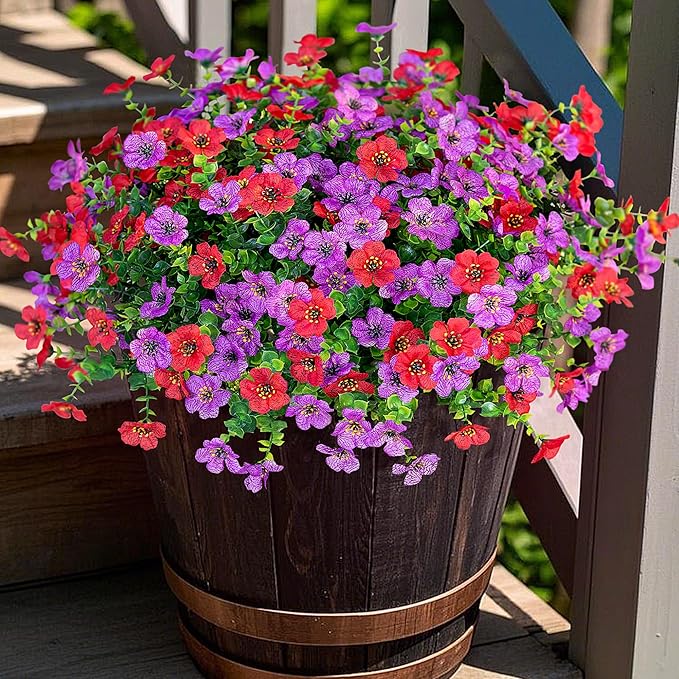 Artificial Fake Plants Flowers for Outdoor Spring Summer Decor, 12 Bundles Faux Silk Daisy for Planter Pot Colorful UV Resistant Look Real for Front Door Porch Patio Outside Yard(Purple Red)