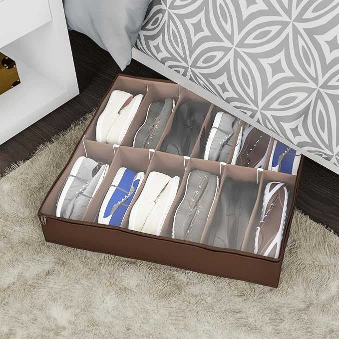 Everyday Home Under Bed Storage Shoe Organizer Bag with Clear Plastic Zippered Cover, Stores 12 Pairs of Shoes (Brown) (Pack of 2)
