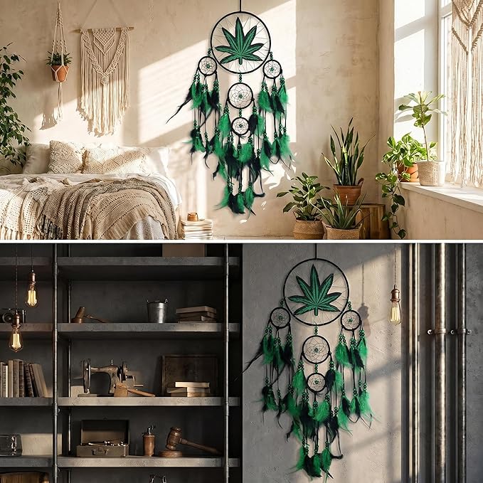 Green Leaf Weed Dream Catcher Wall Hanging Decor Bedroom Adult Living Room Home Bohemian Decorations (5 Rings)