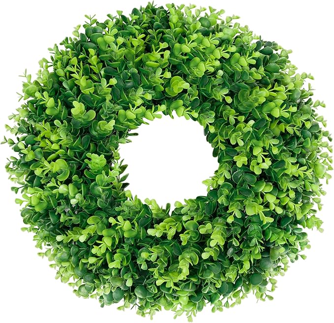 DDHS 16-18in Small Boxwood Wreath for Front Door – Artificial Green Farmhouse Wreath, Spring Summer Fall Winter DIY Decor, for Indoor Outdoor Year-Round Wedding Home Decorations