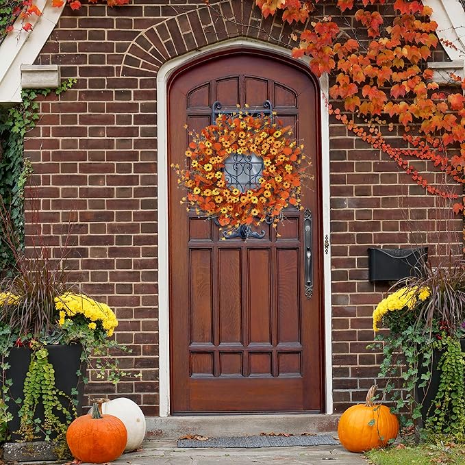 Sggvecsy Fall Wreath 24'' Autumn Harvest Daisy Wreath with Orange Eucalyptus Foam Leaves Grain Daisies Berries for Outside Indoor Home Wall Festival Thanksgiving Decor