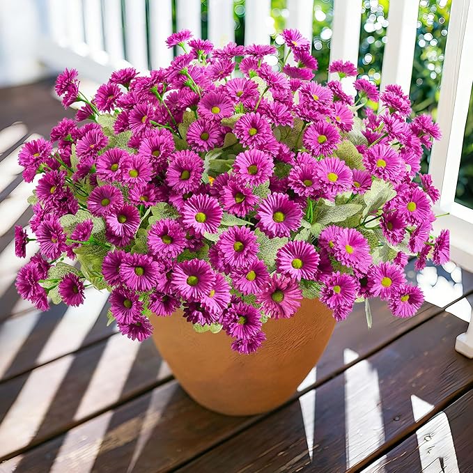 HyeFlora Artificial Flowers for Outdoors Spring Summer Outside Decor, 6 Bundles Fake Daisy Realistic Silk Flowers UV Resistant Outdoor Faux Plants for Planter Front Door Porch Balcony Yard, Fuchsia