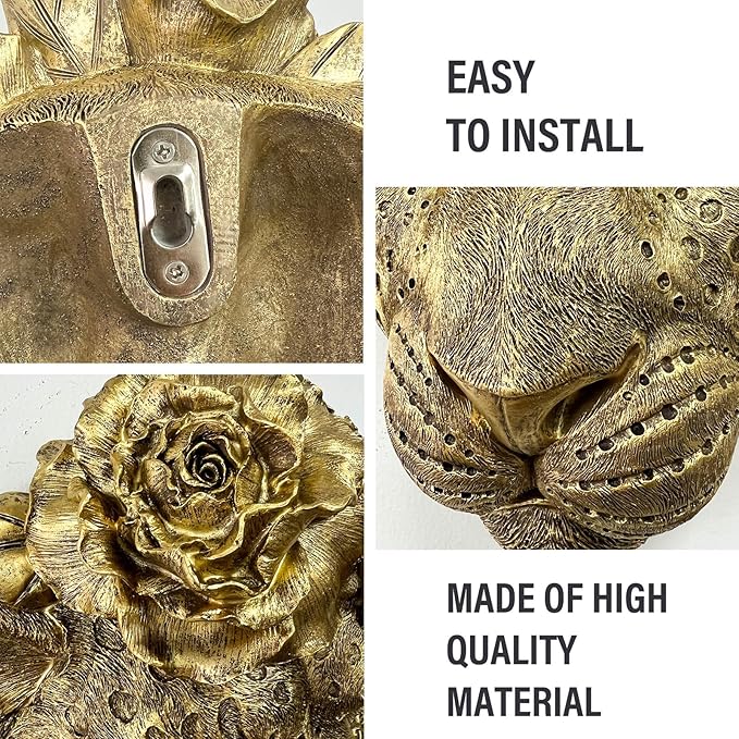 GUSFREUD Gold Animal Heads Sculptures Wall Art - Resin Faux Leopard for Home Wall Decor, Leopard Wall Hanging Decoration for Living Room, Bedroom & Kitchen, Unique Gift Idea