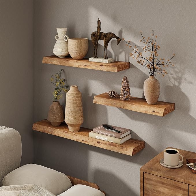 Marsmiles 24 inch Floating Shelves for Wall Elm Wood Live Edge Shelves|Rustic Wall Shelves with Invisible Heavy-Duty Bracket for Bathroom Living Room Kitchen|Natural, 2 Pack