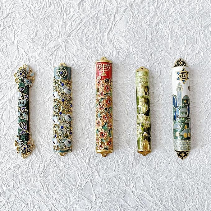 Hand Painted Mezuzah, Exquisite Enamel Mezuzah with Menorah and Pomegranate Motifs