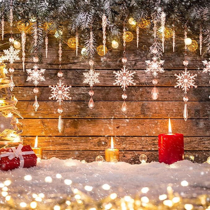 Giegxin 32 Pcs Crystal Christmas Ornaments Crystal Hanging Snowflakes Acrylic Xmas Tree Icicle Drop Decorations with Hooks for Christmas Snow Party Winter(Champagne)