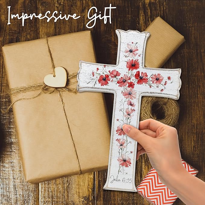 VZVCTFS White Cross with Red Wildflowers - John 6:35 Scripture Wooden Wall Decor, Rustic Farmhouse Christian Gift, Inspirational Floral Art for Home, Easter Christmas (6.5x10 Inch)（A08）