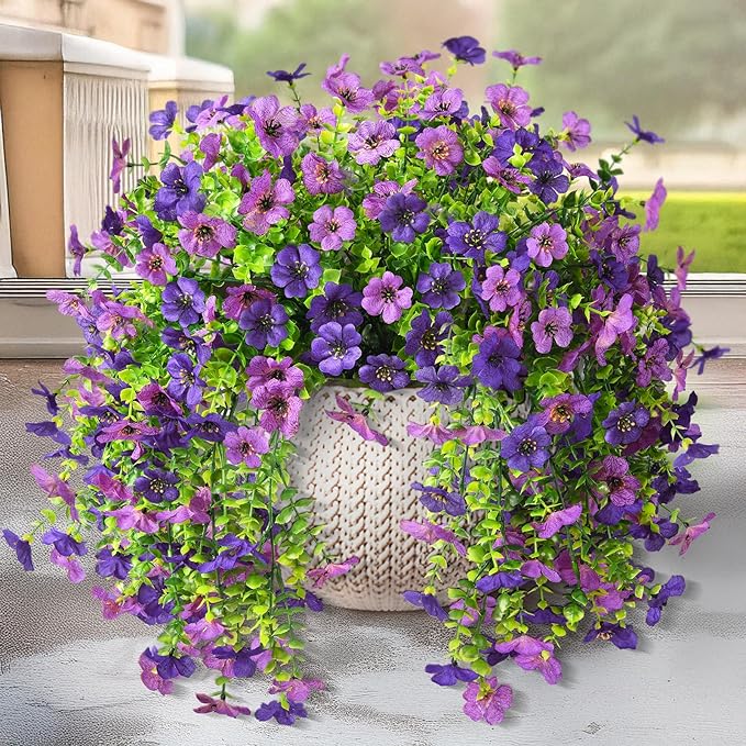 Artificial Hanging Flowers for Outdoors Spring Decoration, 2PCS Silk Fake Daisy Realistic Outdoor Flowers UV Resistant Porch Patio Window Yard Decor(Dark Orchid)