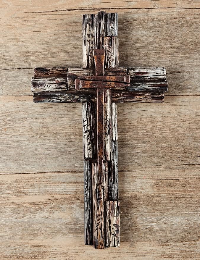 Eagrafts Rustic Decorative Layered Wood Like Resin Wall Cross With Faux Iron Nails, Home Wall Decor