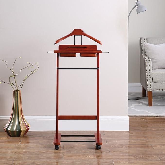Proman Products Deluxe Suit Valet Stand VL16204 with Top Tray, Slide Out Tray, Contour Hanger, Trouser Bar, Tie & Belt Hooks and Shoe Rack, 17" W x 13" D x 41" H, Dark Cherry