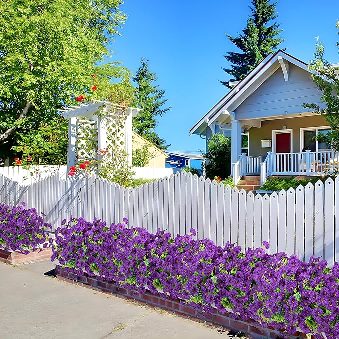Artificial Flowers for Outdoor Decoration, 12 Bundles Fake Plastic Flower Plant, Faux Colorful Silk Morning Glory Eucalyptus for Outside Spring Summer Garden Porch Front Door Decor, Dark Purple