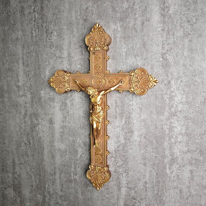 BC Catholic Crucifix Wall Cross, 12"H Jesus Christ Religious Home Decor, Catholic Wedding Gift, Gold Color Finish, Hand-painted by Buildclassic