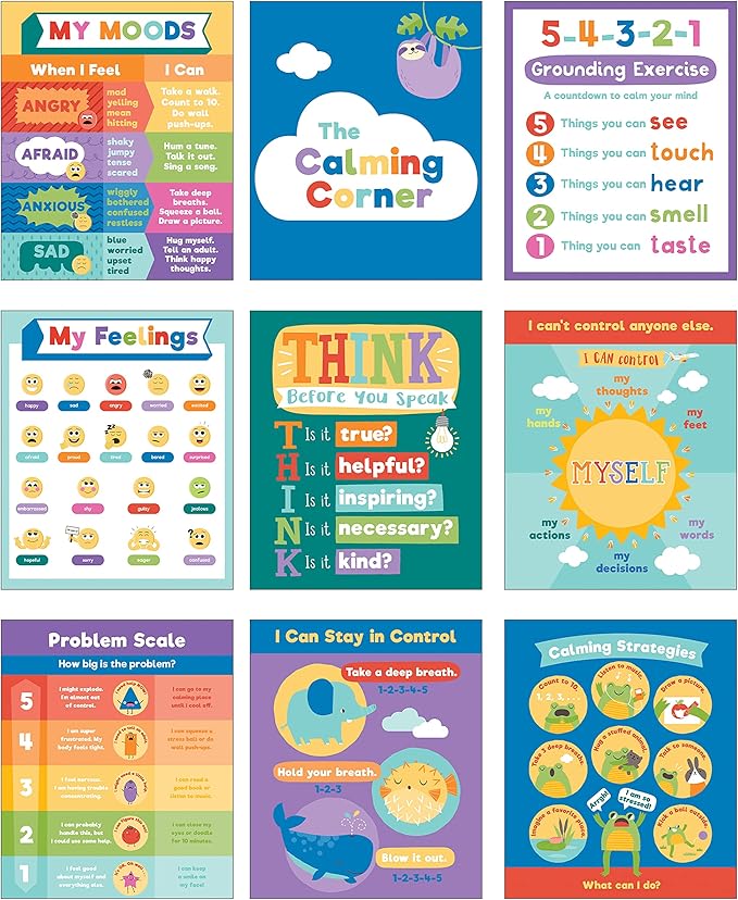 Carson Dellosa 9-Piece Calm Down Corner Posters, 16" x 13" Social Emotional Learning Wall Art for Growth Mindset, Bulletin Board, Circle Time Learning Center, and Classroom Decor