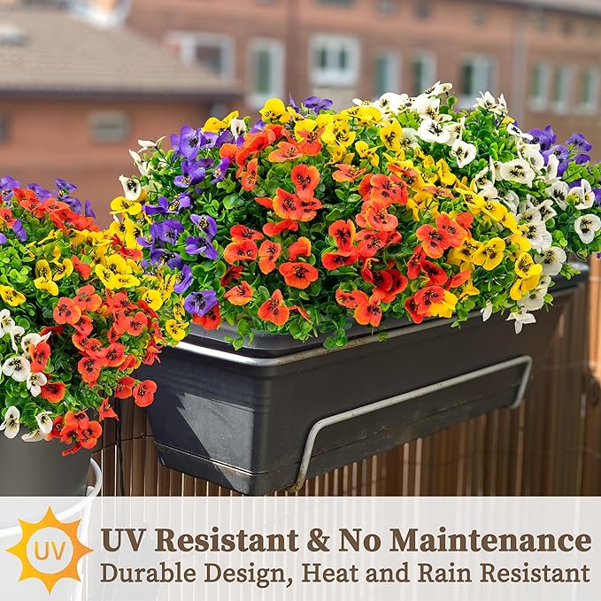 16 Bundles Artificial Fake Pansy Flowers for Outdoor - Yellow, White，Sunset red & Purple Faux Pansies Flowers, Fake Flowers for Outdoor Planters, Porch, Garden, Window Boxes, and Home Decoration