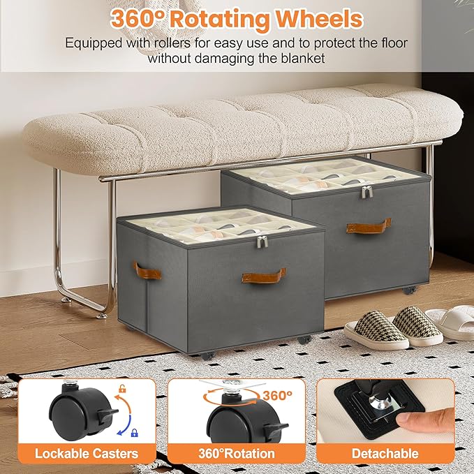 Shoe Organizer for Closet, 2 Pack Shoe Storage Organizer with Wheels and Adjustable Dividers, Stackable Shoe Storage Box with Clear Cover, Closet Shoe Organizer Fits up to 16-32 Pairs, Gray
