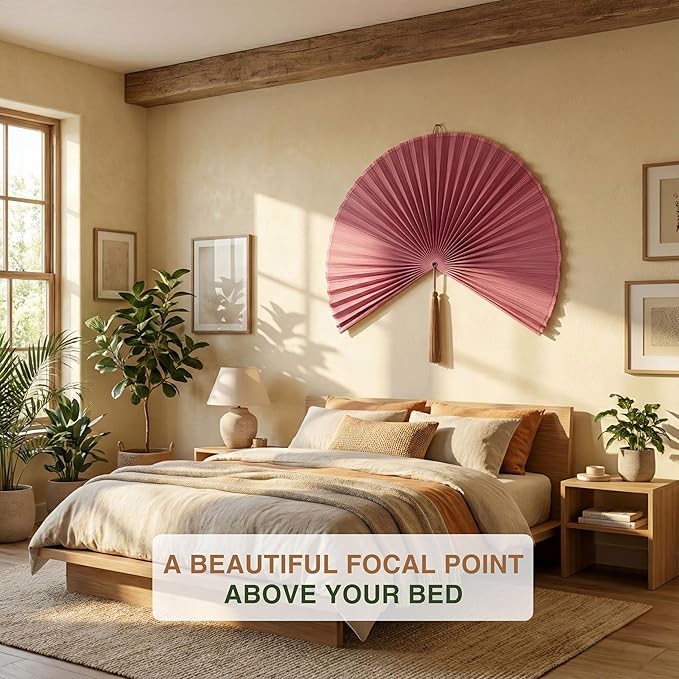 Big Fan Decor 60", Bamboo Wall Fan for King Bed, Japanese Wall Fan Light Pink Handwoven Art, Massive Aesthetic Hanging, Hook Included (Light Pink)