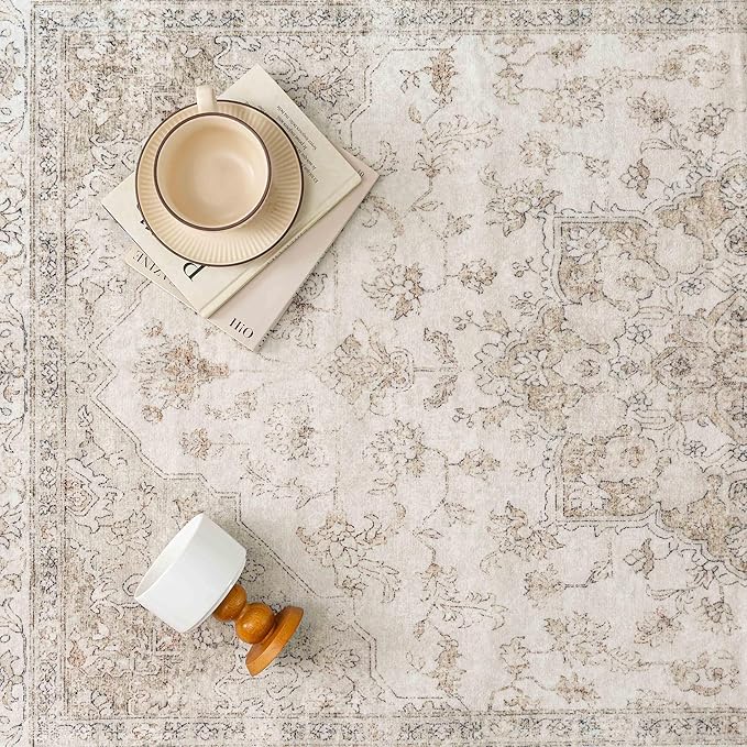 Beige Area Rug 5x8 Washable Living Room Carpet Vintage Non Slip Soft Bedroom Indoor Office Retro Low Pile Thin Oriental Medallion Large Rug for Dining Room Bathroom Kitchen